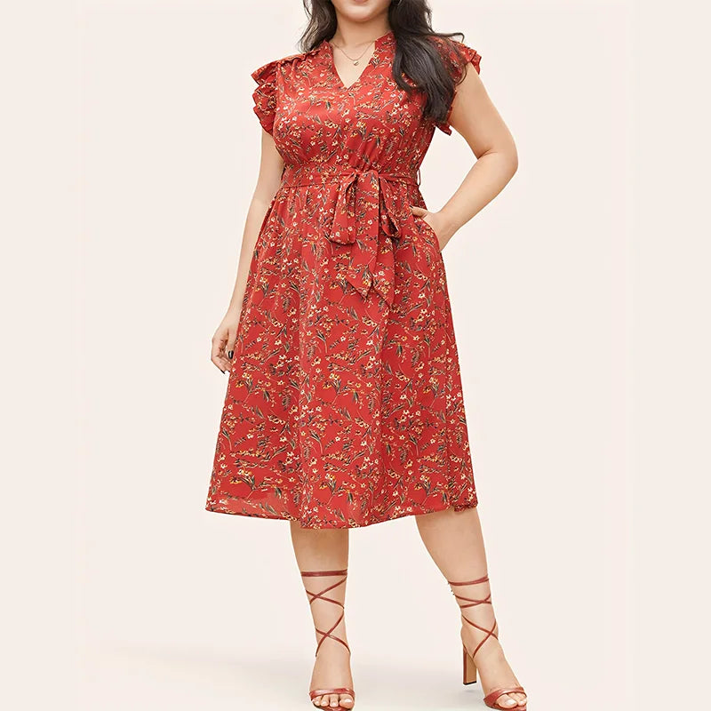 V-Neck Sleeveless Floral Print Dress with Ruffle Pockets