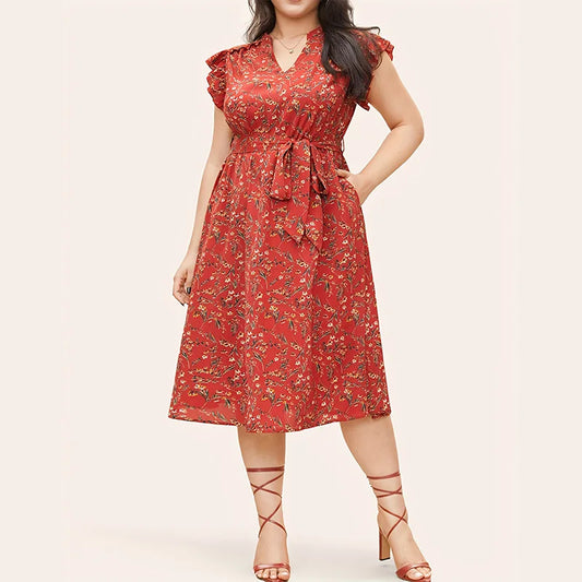 V-Neck Sleeveless Floral Print Dress with Ruffle Pockets