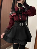 Long Sleeve Cardigan Tops + Slim Bow White Vest + High Waist Ruched Lace Cake Skirt Set