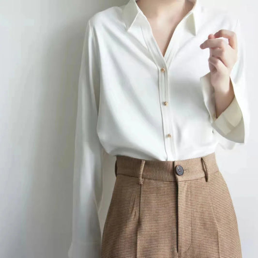 Metallic Buttons V-Collar Long-Sleeved Blouse