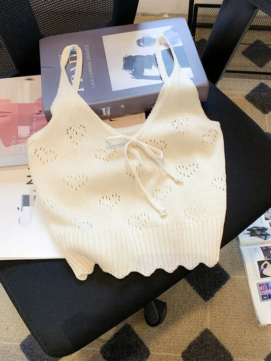 Solid V-Neck Eyelet Spaghetti Top