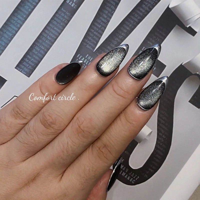 10Pcs Handmade Press on Nails Full Cover Hallowmas Black Cat Eye French Almond False Nails Metals Design Wearable Manicure Tips