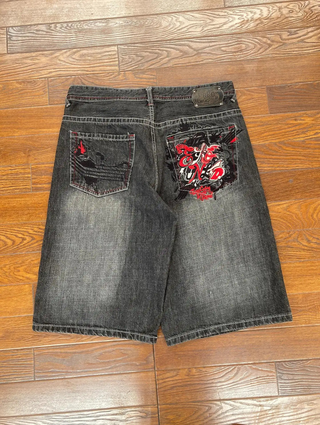 アメリカンホワイトグレーレターデニムショーツメンズヒップホップロックストリートファッションパターンストレートパンツ原宿トレンドワイドパンツ