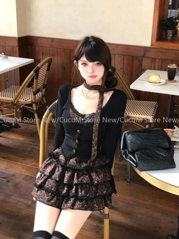 Long Sleeve Leopard Lace Tops + Mini Skirt Set