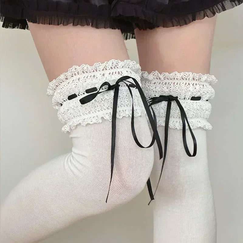 Lace Bow Over Knee-High Socks