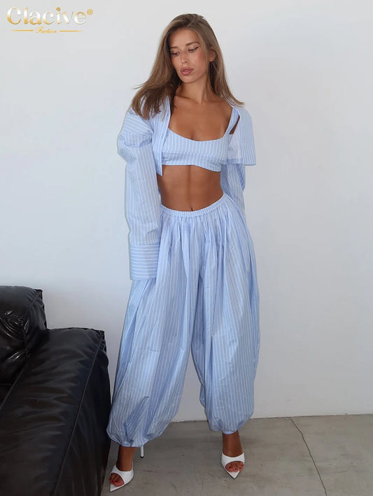 Clacive Loose Stripe Print Women 3 Pieces Set