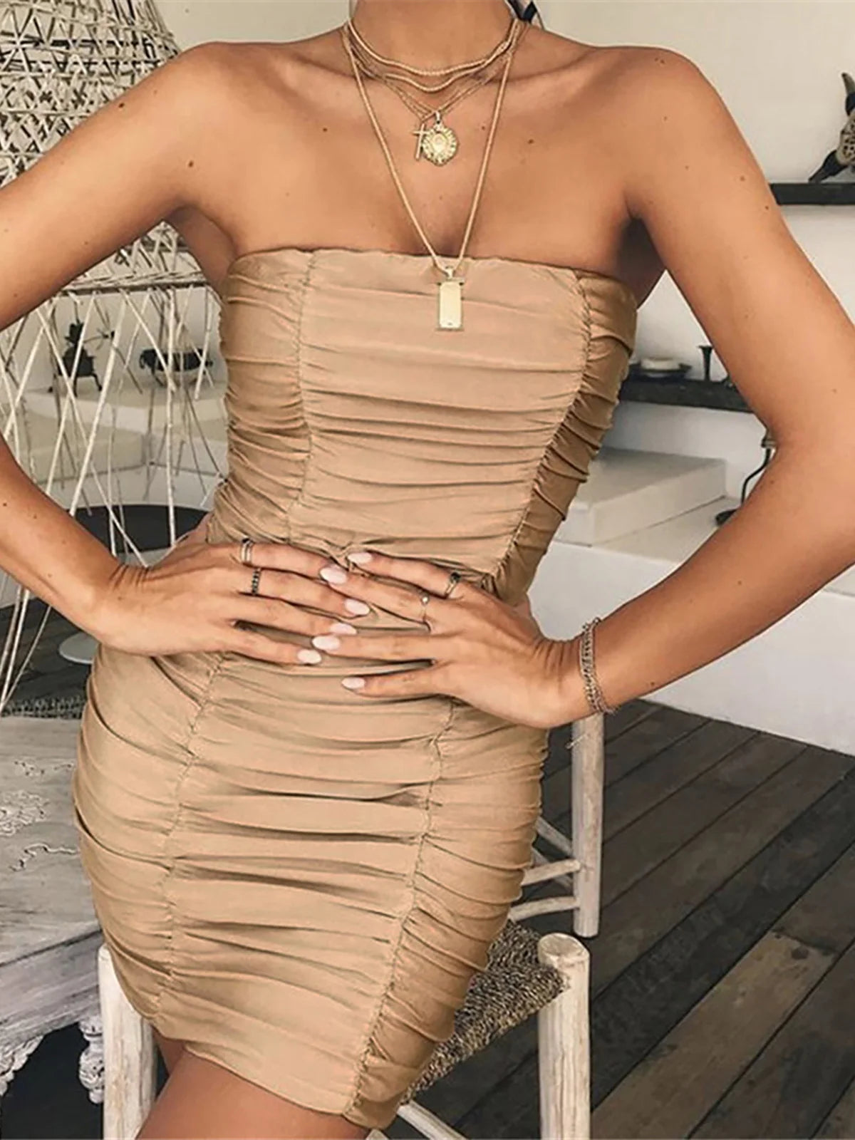 Bandeau Wrinkled Pleated Dress