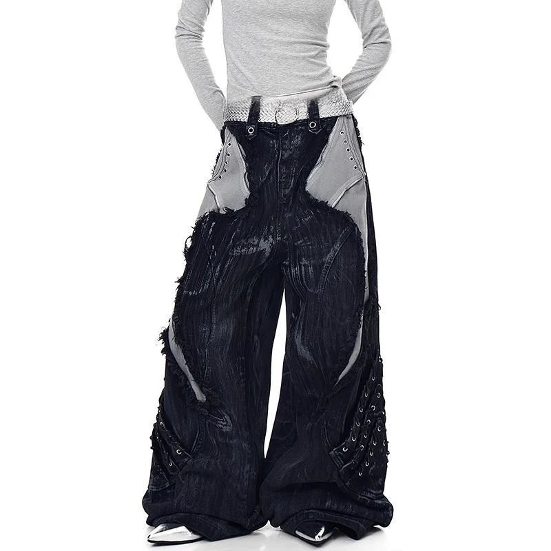 Washed Patchwork Baggy Ripped Jeans