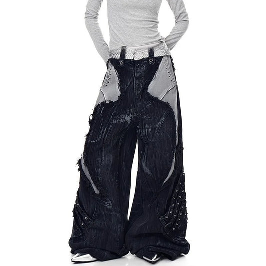 Washed Patchwork Baggy Ripped Jeans
