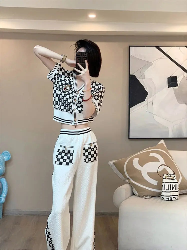 Knit Tracksuit Set - Black & White Checkerboard Short Sleeve Cardigan and Wide-Leg Lounge Pants