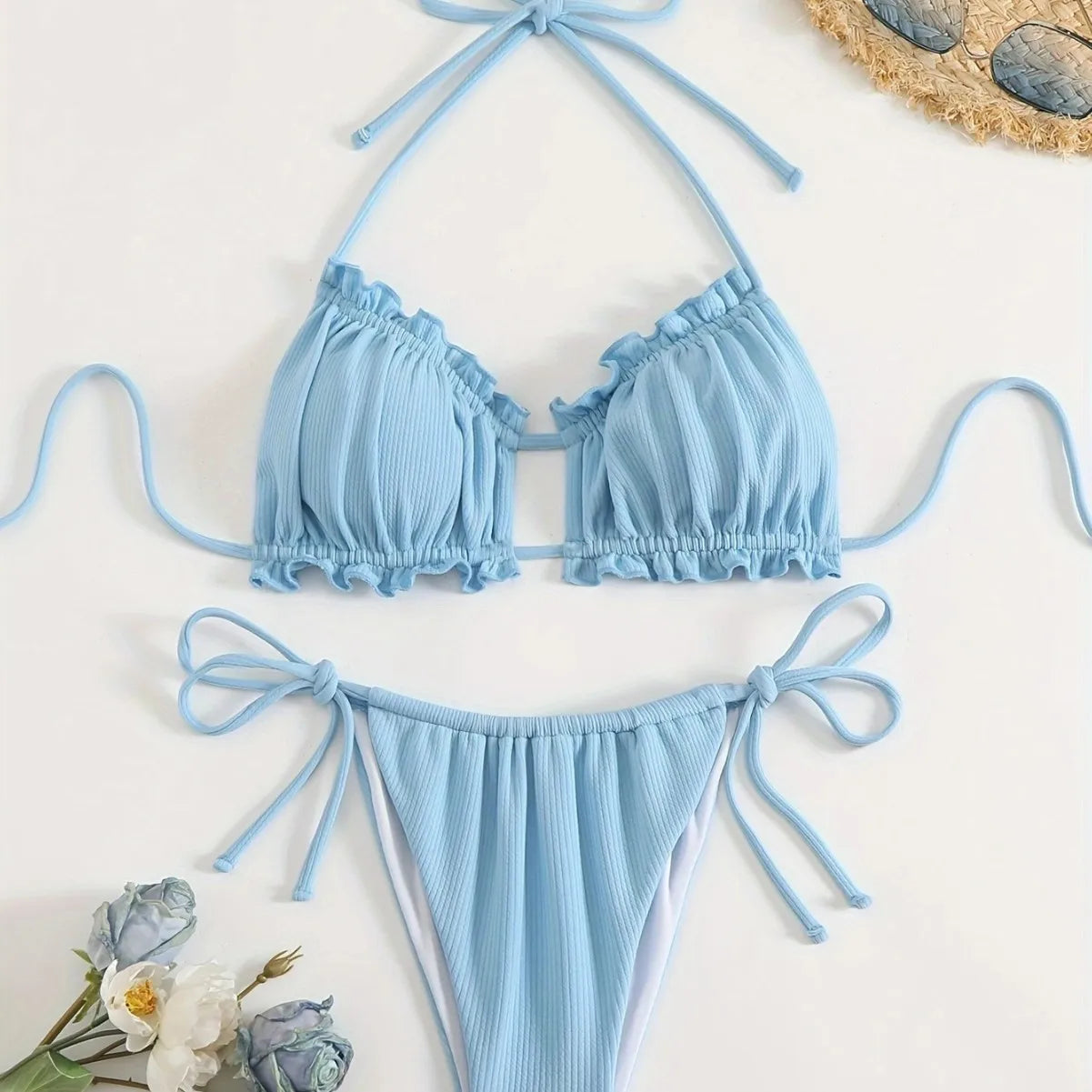 Ribbed Halter Bikini Set with Ruffle Trim and Side-Tie Bottoms