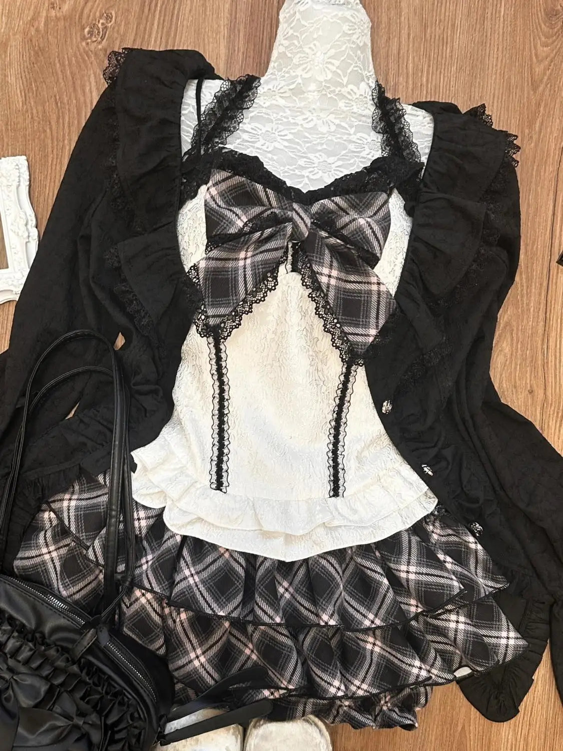 Slash Neck Sling Long Sleeve Cardigan + High Waist Plaid Skirt Set
