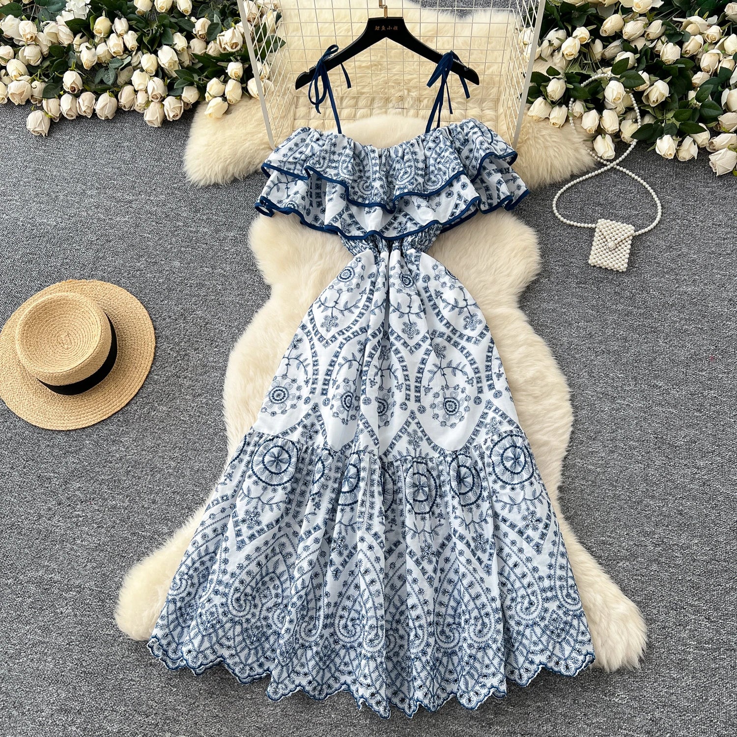 Eyelet Lace Ruffle Midi Dress