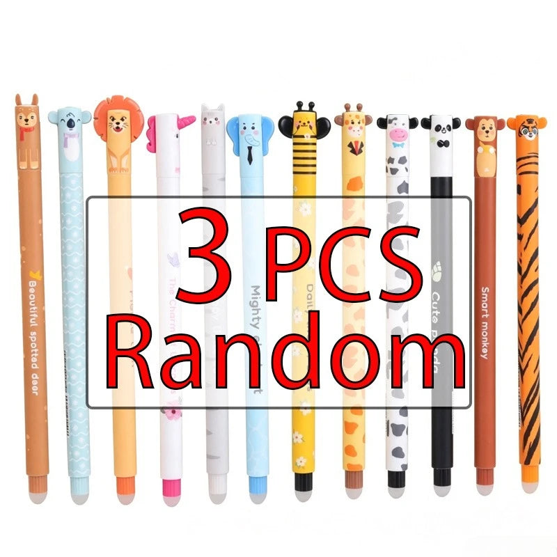 12 styles Cute Animal Erasable Pen 0.7mm Blue Ink Gel Pen Lion Elephant Unicorn Ballpoint Pen Writing Error Erasable for School