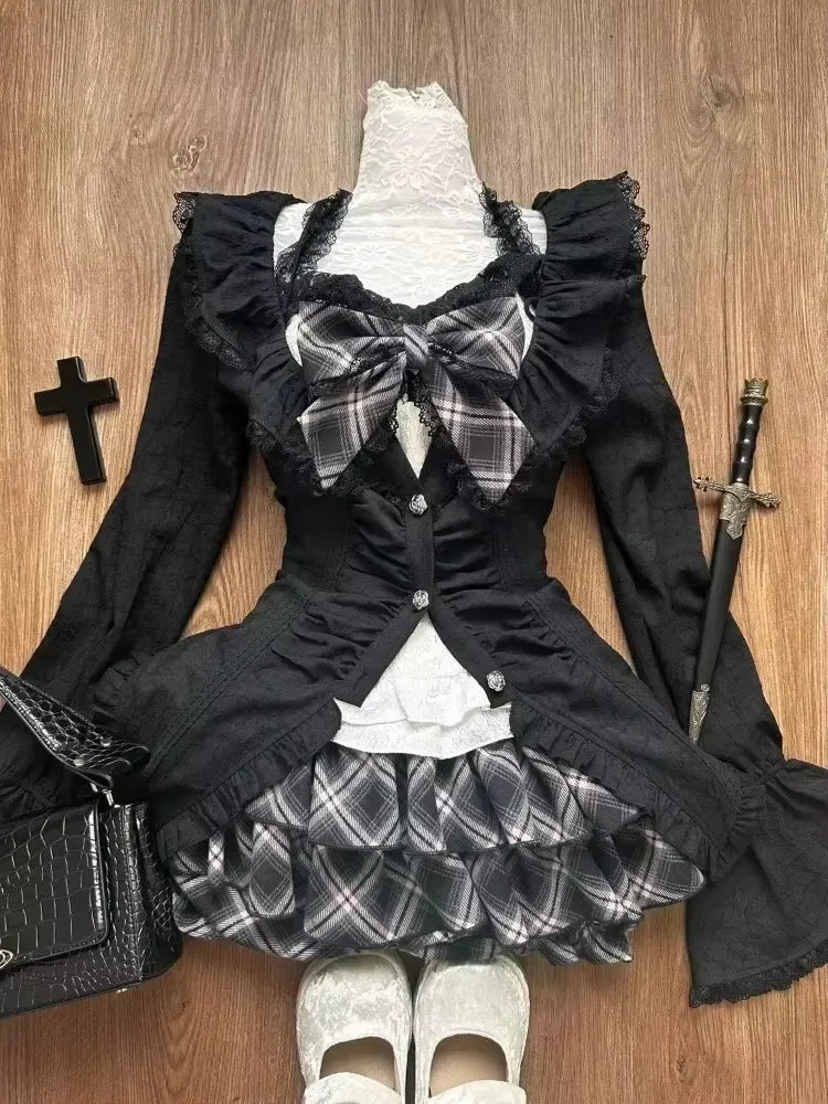 Long Sleeve Cardigan Tops + Slim Bow White Vest + High Waist Ruched Lace Cake Skirt Set