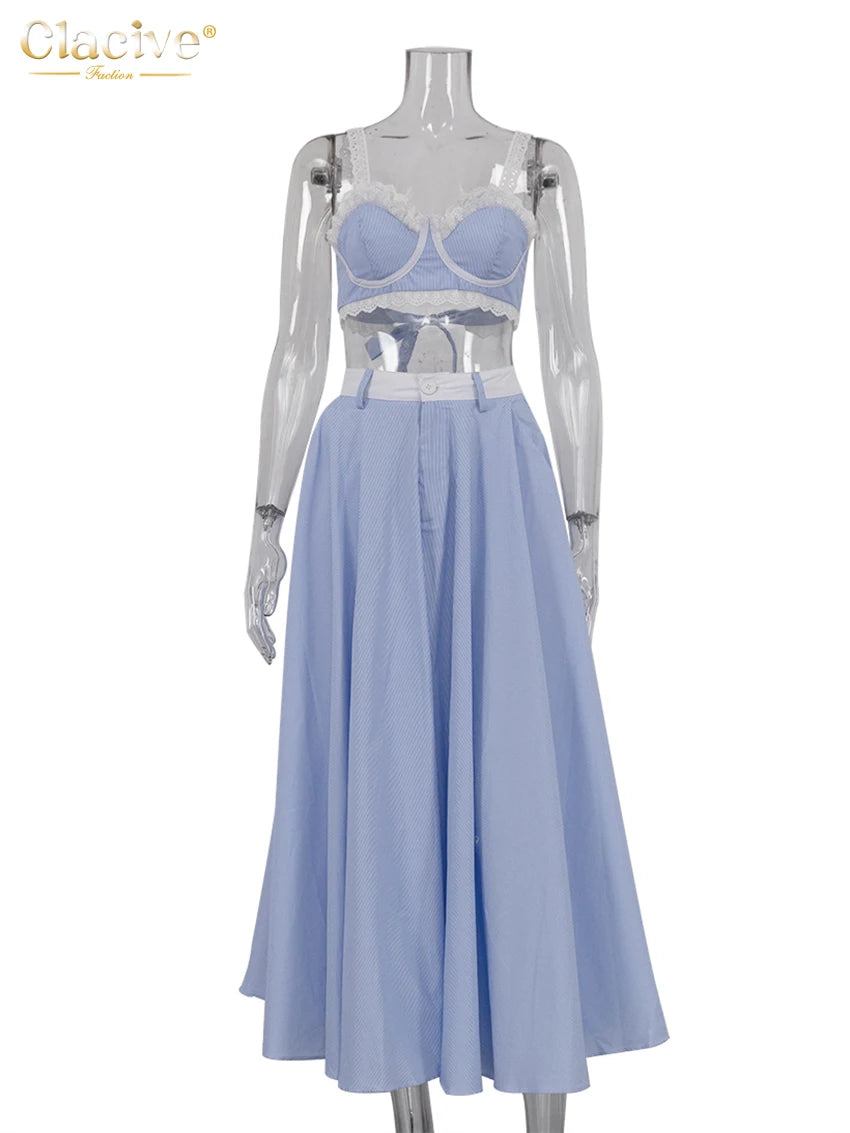 Loose Blue Stripe Skirt Set