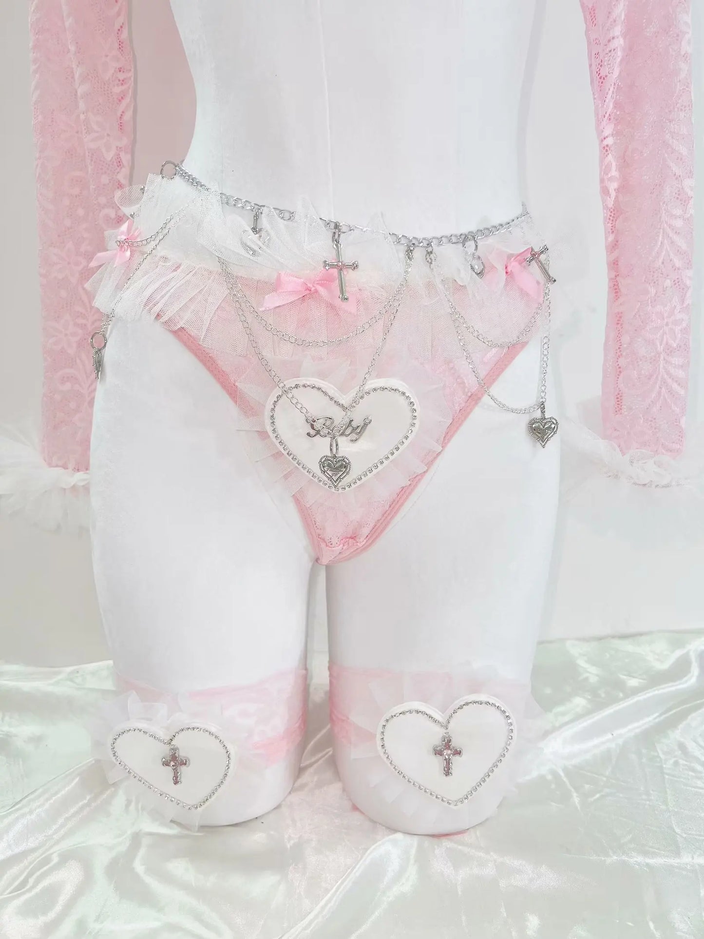 Pink Lace Heart & Cross Chain Lingerie Set