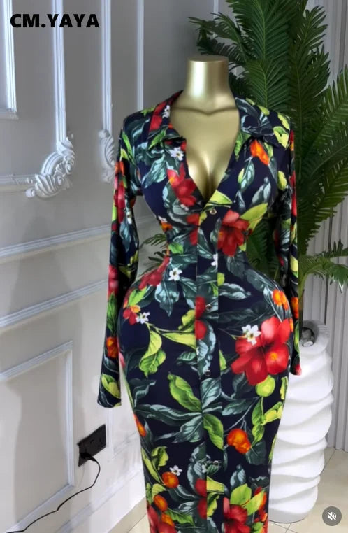 CM.YAYA Full Sleeve Floral Print Bodycon Long Dress