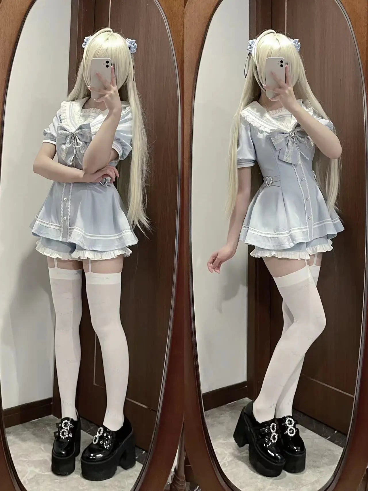 Sweet Short Sleeve Sailor Collar Lace Dress and Shorts Set
