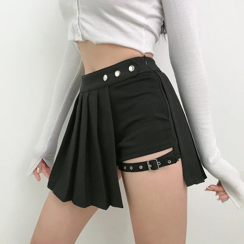 High Waisted Pleated Asymmetric Skort