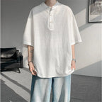 Summer Henry Collar Cotton Linen Tee