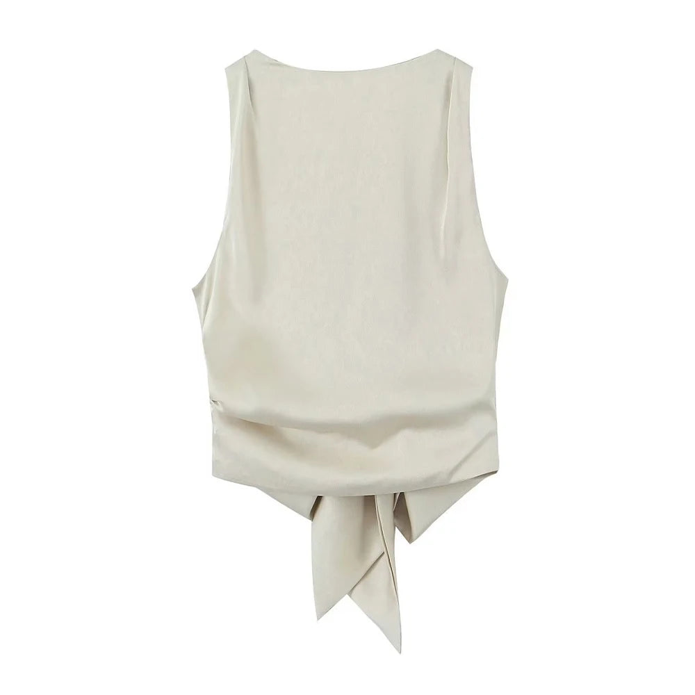 Tied Satin Back Open Crop Blouse