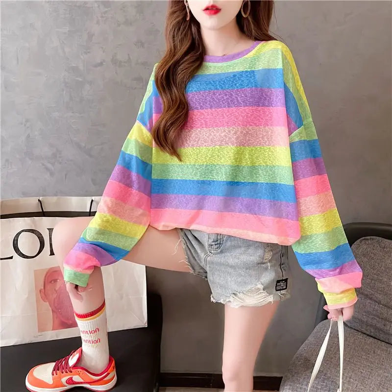 Rainbow Striped Long-sleeved Pullover