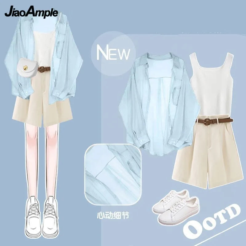 Sheer Button-Down Shirt, Ribbed Knit Tank Top, and Pleated Shorts Set