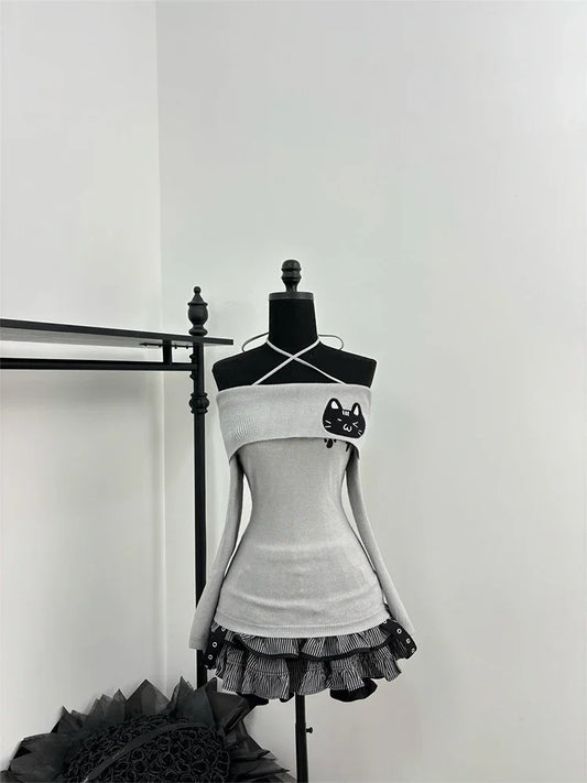 Cat Graphic Off-Shoulder Knit Top and Ruffled Skirt Two-Piece Set