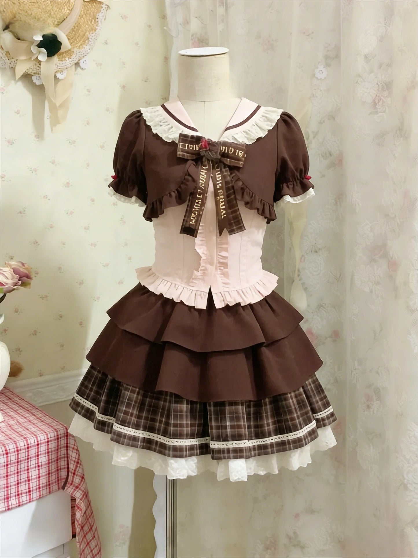 Casual Bow Top + Brown Lace Cardigan + Plaid Ruffle Skirt Set