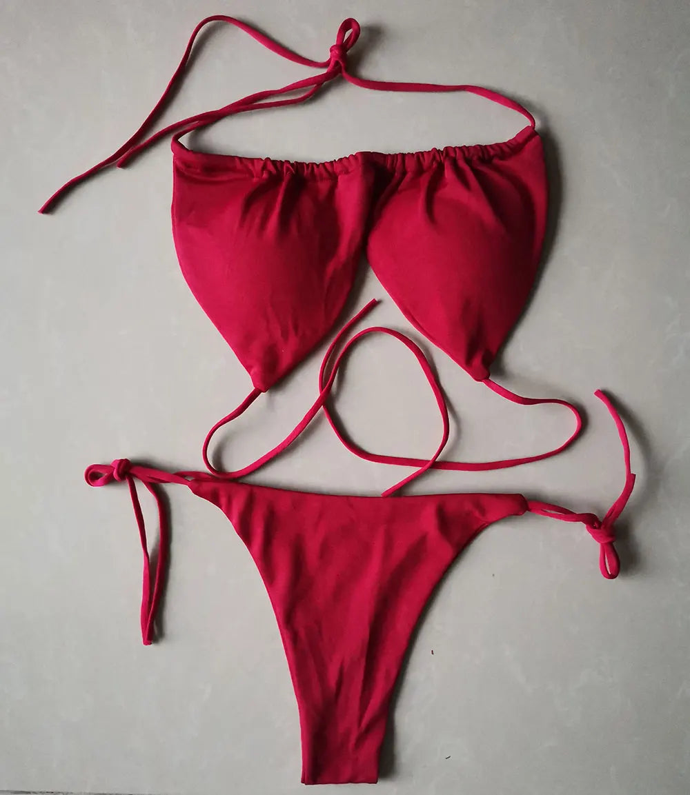 Solid Color Ruched String Bikini