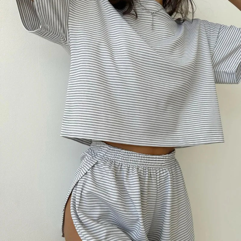Knitting Stripes Pajamas Short Sleeve Shorts Set