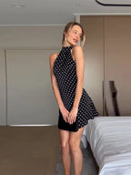 Chin.Sweety Polka Dots Print Halter Lace-up Dress