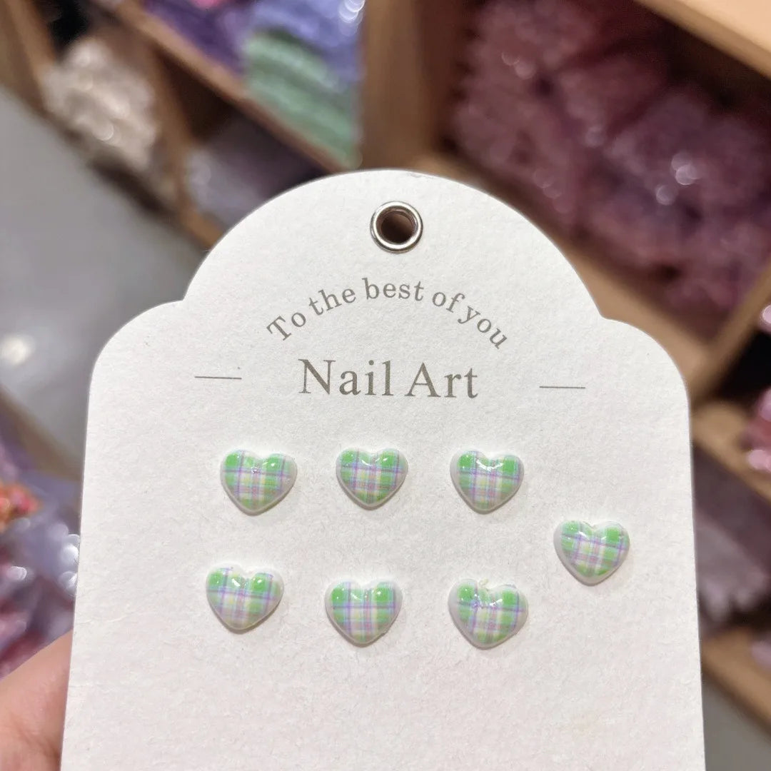 100Pcs 10×11mm Heart Plaid Nail Charms - 3D Sweet Girl Nail Art, Lovely Press-On Nail Decor for DIY Kawaii Manicures