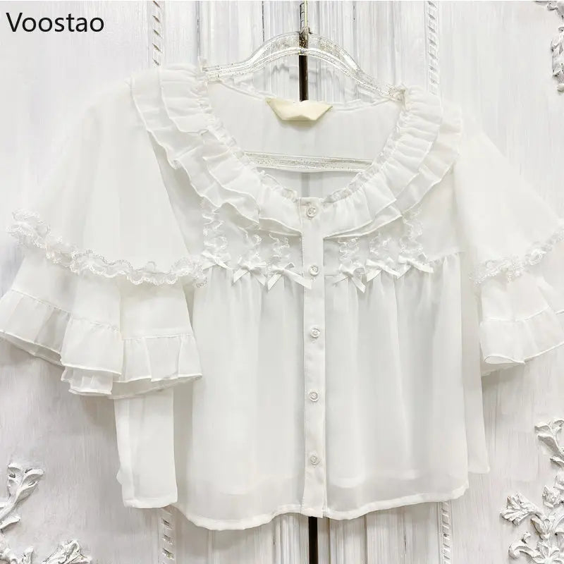 Bow Lace Ruffles O-Neck Short Shirt