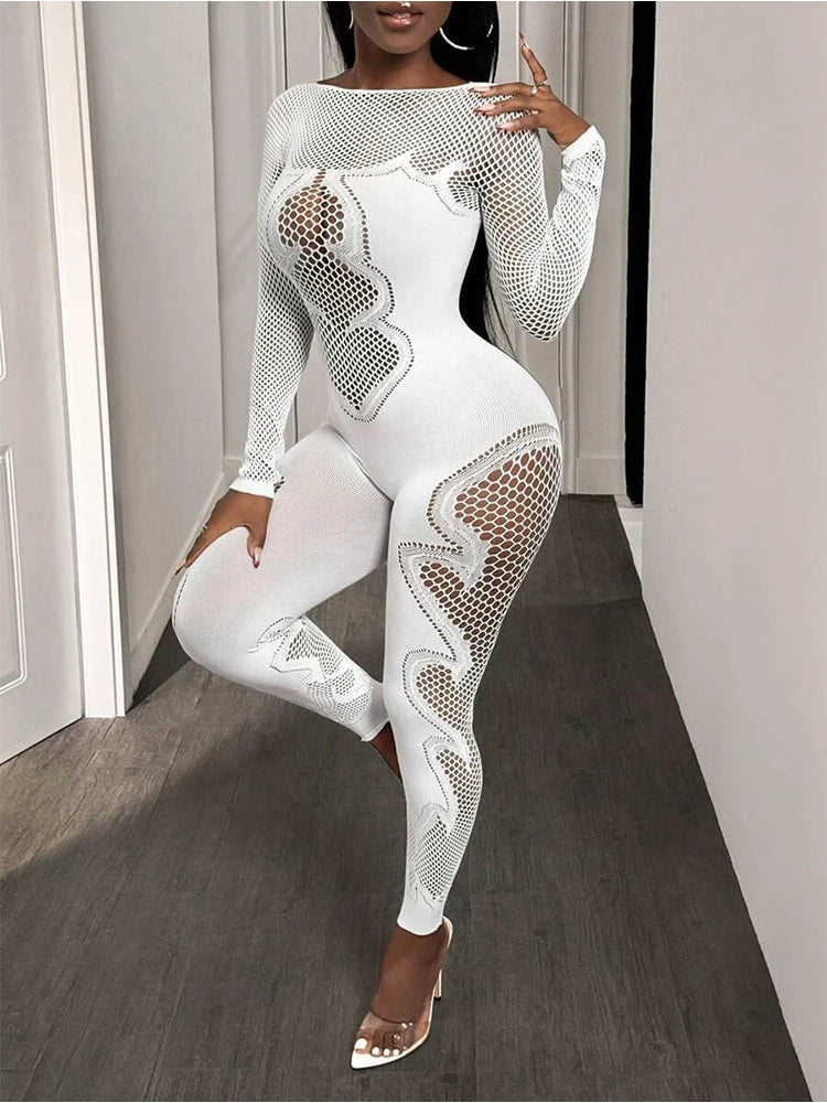 FHSEER Sheer Mesh Long Sleeve Hollow Out Bodycon Jumpsuit