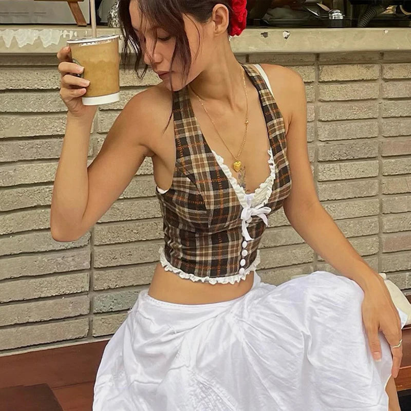 Halter V-Neck Plaid Waistcoat Slim Tank Top