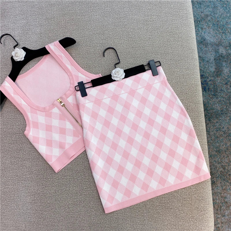 Knit Plaid Skirt 2 Piece Set