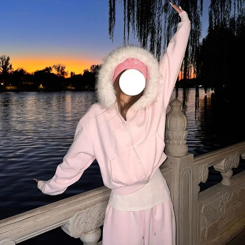 Loose Zipper Hoodie Fur Collar Sweater Pants Set