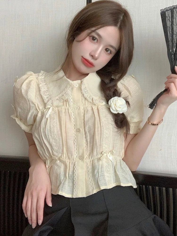 Puff Short Sleeve Button Down Shirt with Ribbon Bows