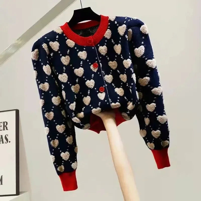 Heart Plaid O-Neck Knitted Cardigan
