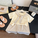 Short-sleeved Stripes Shawl + Wide-leg Pants Set