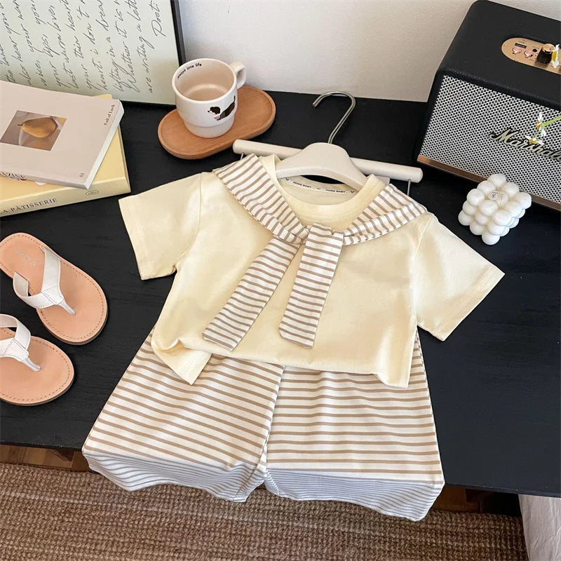 Short-sleeved Stripes Shawl + Wide-leg Pants Set