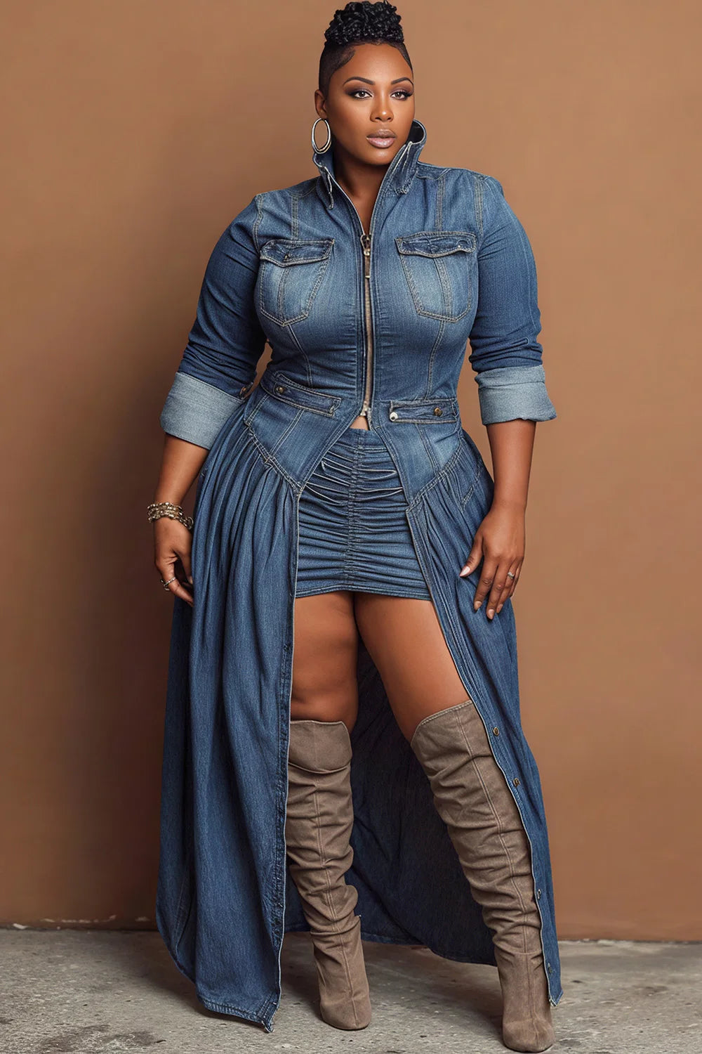 High Collar Long Sleeve Split Casual Zipper Denim Coat