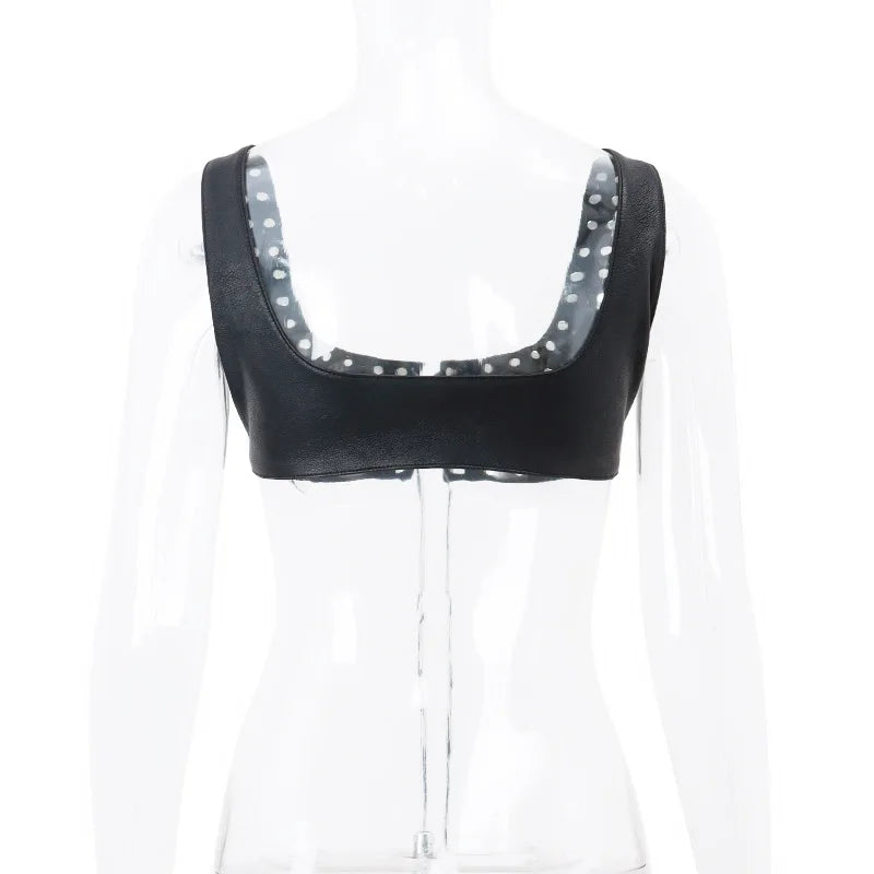 PU Leather Lace Up Sleeveless Crop Top
