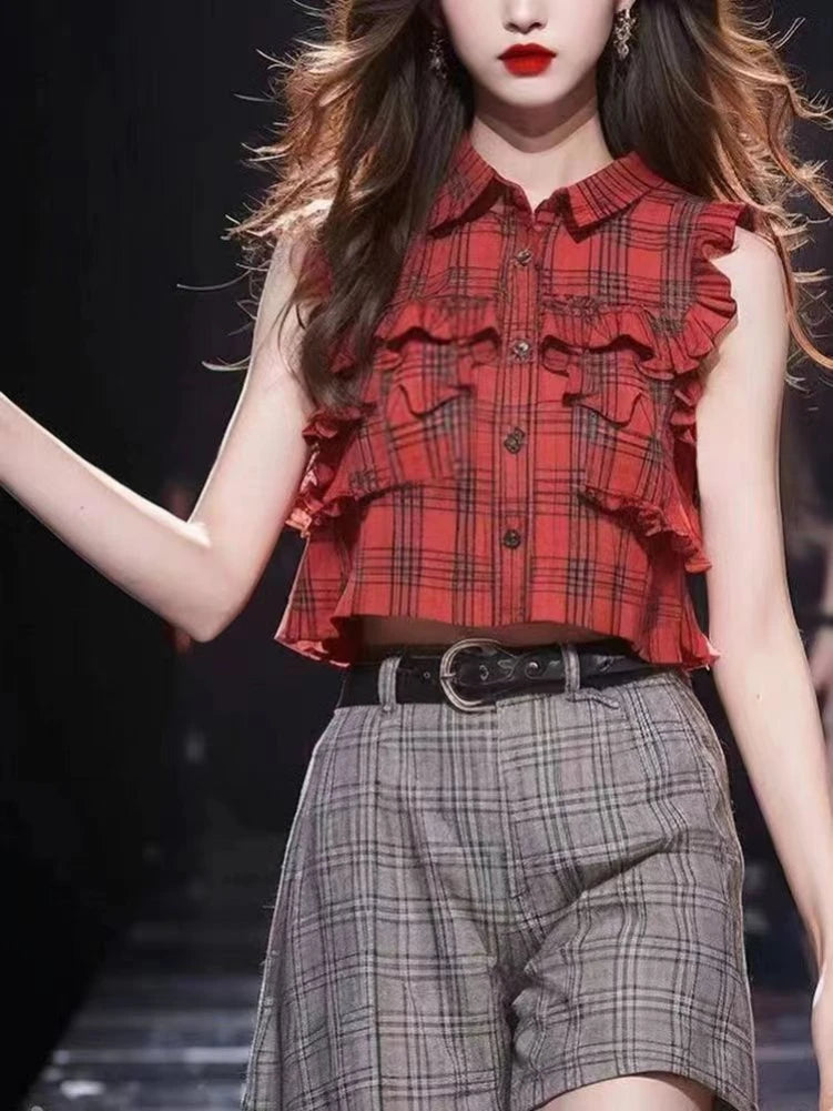 Plaid Ruffles Patchwork Crop Top