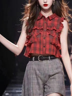 Plaid Ruffles Patchwork Crop Top