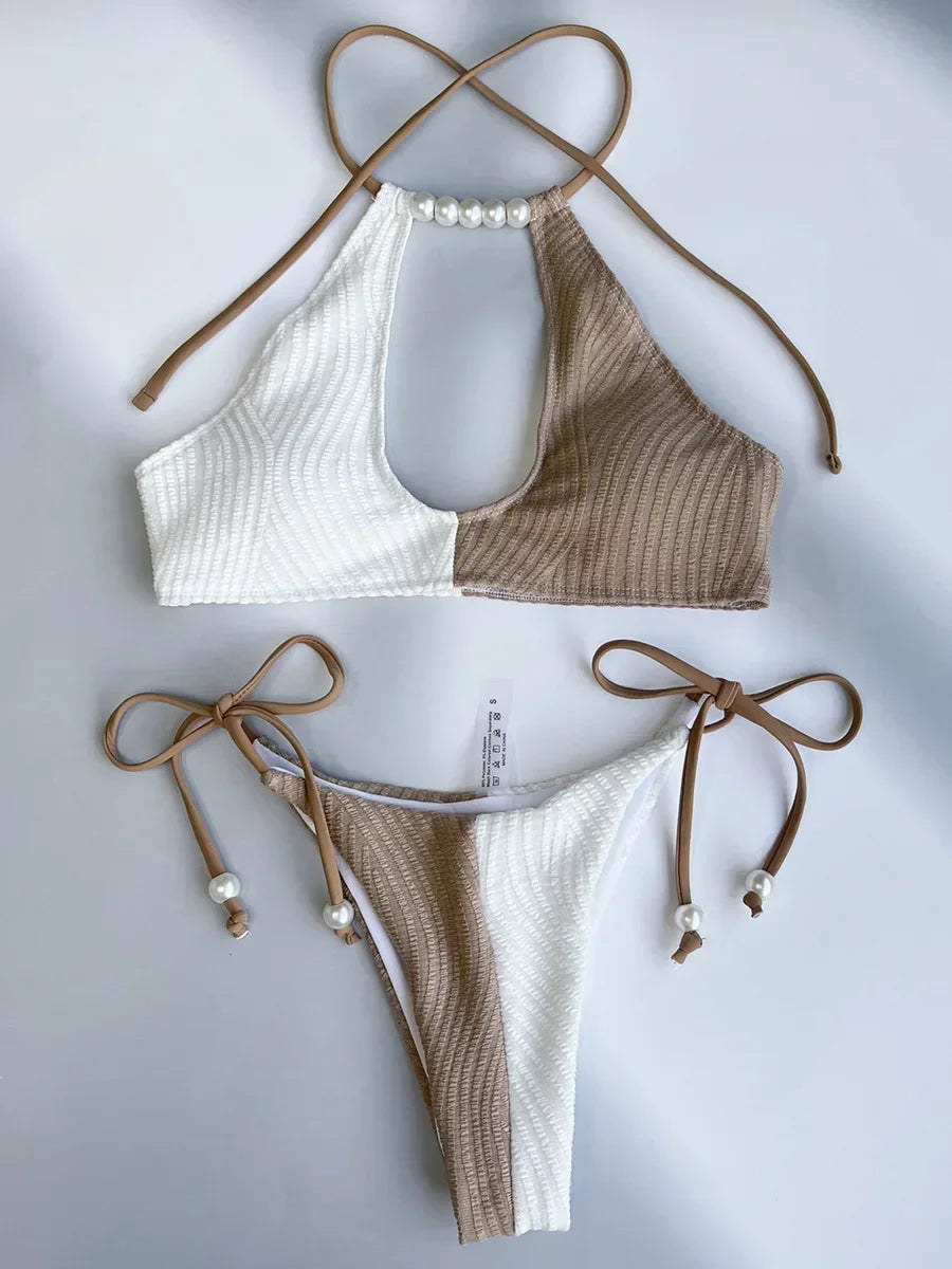 Splicing Halter Hollow Out Ribbed Bikini