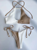 Splicing Halter Hollow Out Ribbed Bikini