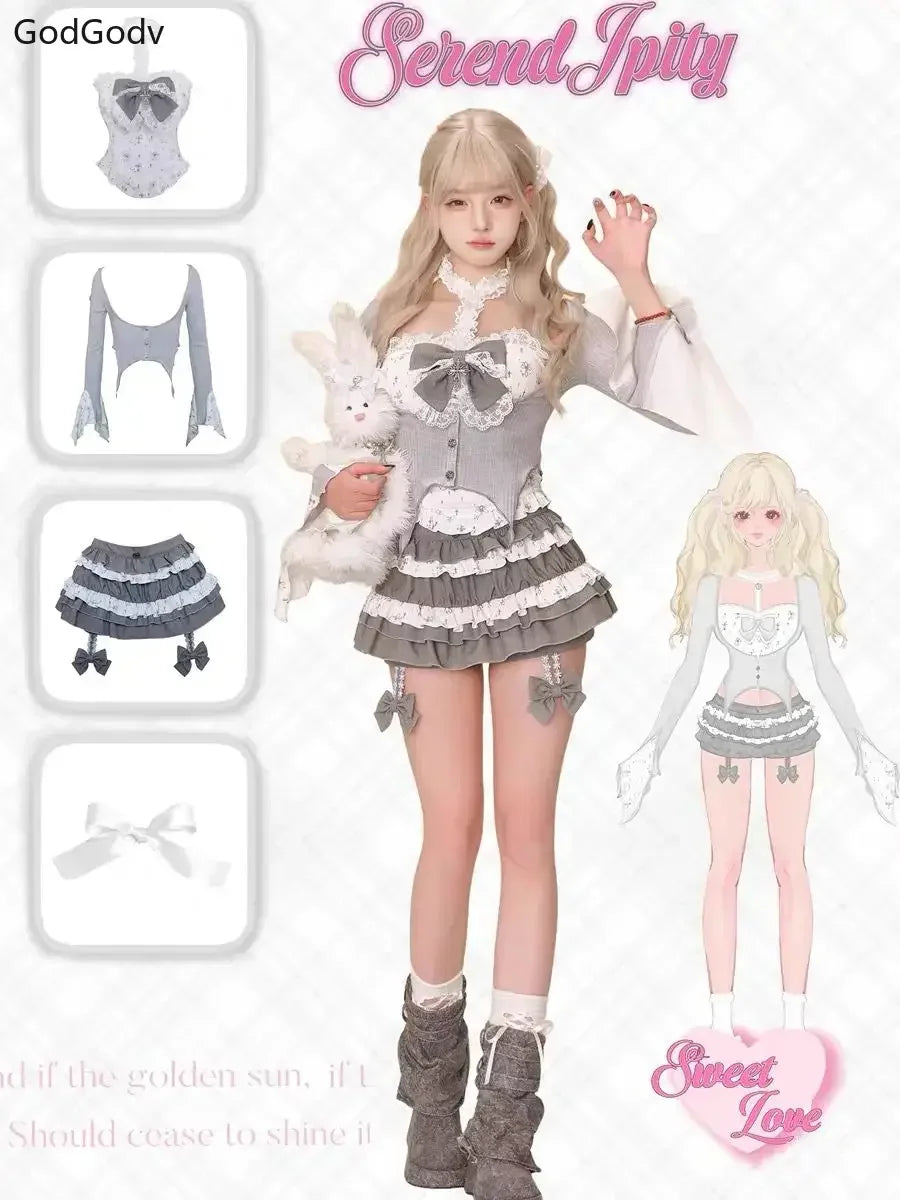 Sheer Lace High-Neck Top, Ribbed Cardigan Shrug, Lace-Up Bow Corset Vest, & Tiered Ruffle Mini Skirt with Cross Detail Set